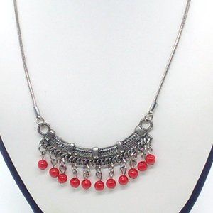 Silver Tone and Red Glass Beaded 18-20" Necklace Lobster Clasp